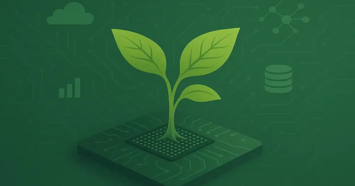 Eine junge Pflanze, die auf einem Computerchip wächst. Diese Symbolisiert eine grüne Zukunft auf Datenbasis.