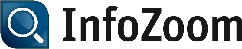 InfoZoom Logo Schriftzug in Schwarz und eine Lupe vor blauem Hintergrund.