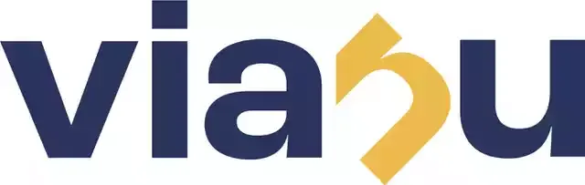 Hello Vianu Logo in blauen Buchstaben mit gelbem n.